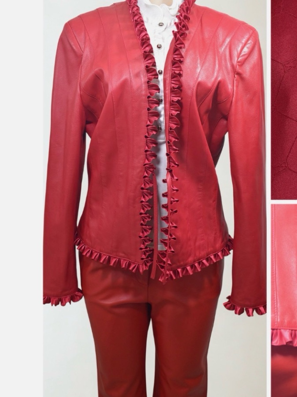 RARE St. John Collection Sz 10 genuine leather red ruffled jacket